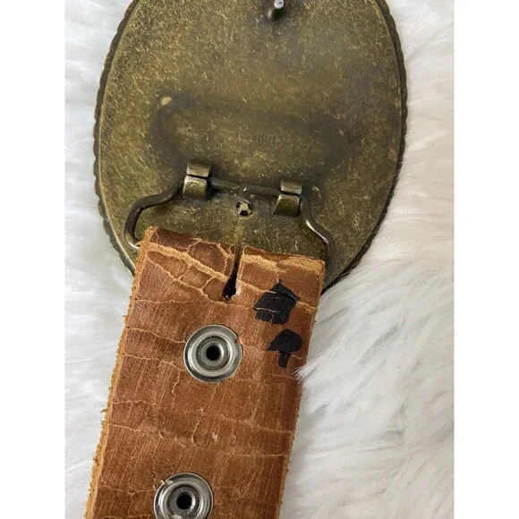 Genuine Leather Belt Women Size 38 Rhinestone Oval Buckle Brown Western - Picture 10 of 10